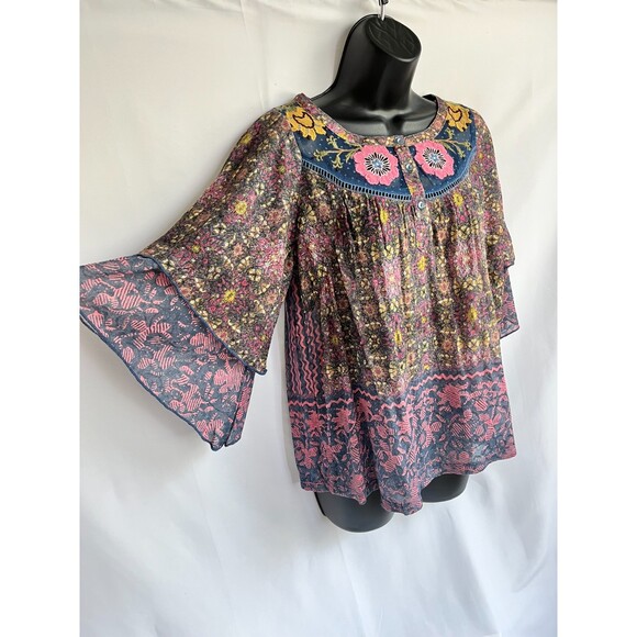 Anthropologie Postmark Ciutadella Boho Top Sz XS Hippie Bell Sleeve Embroidered - Picture 2 of 11